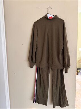 Olive Green Two-Piece Sweatshirt & Wide-Leg Track Pants Set